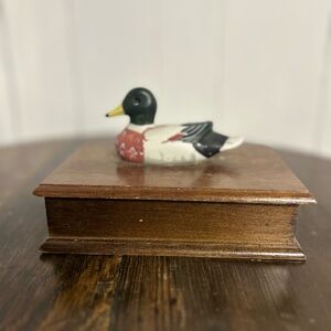 Hand-Painted Mallard Duck Figurine on Wooden Box - Vintage Card or Cigar Box